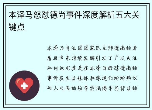 本泽马怒怼德尚事件深度解析五大关键点